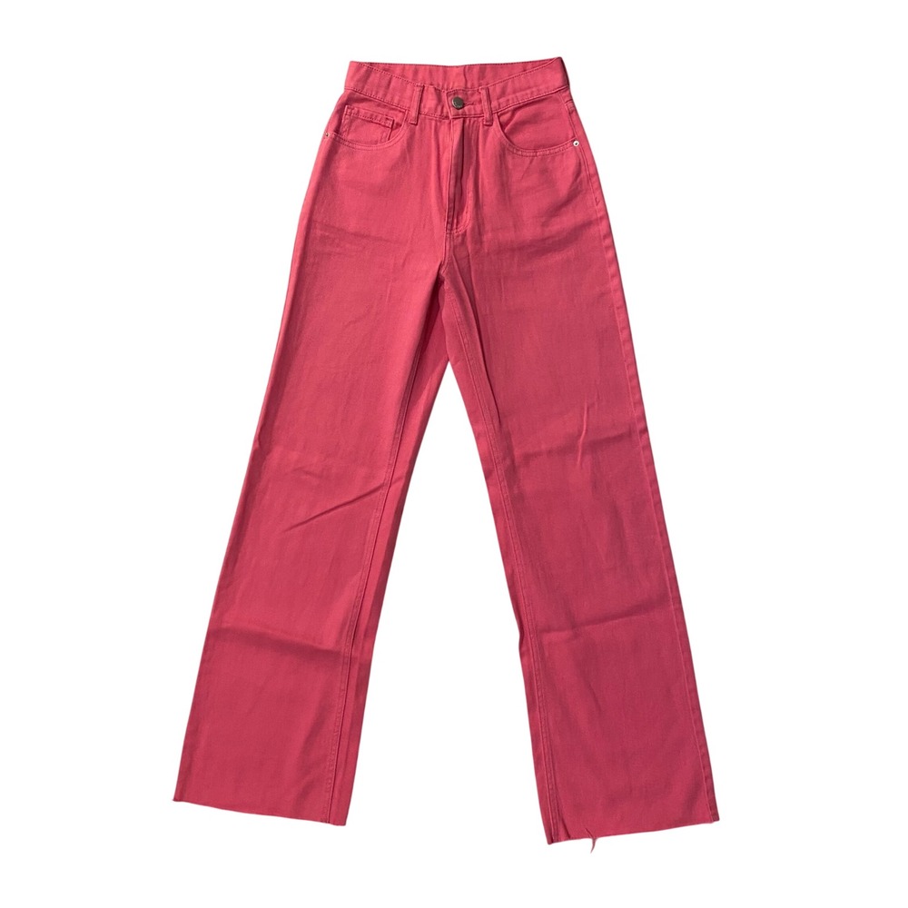 Pink Wide Leg Jeans Frayed Hem High Rise Denim Pants Womens 25